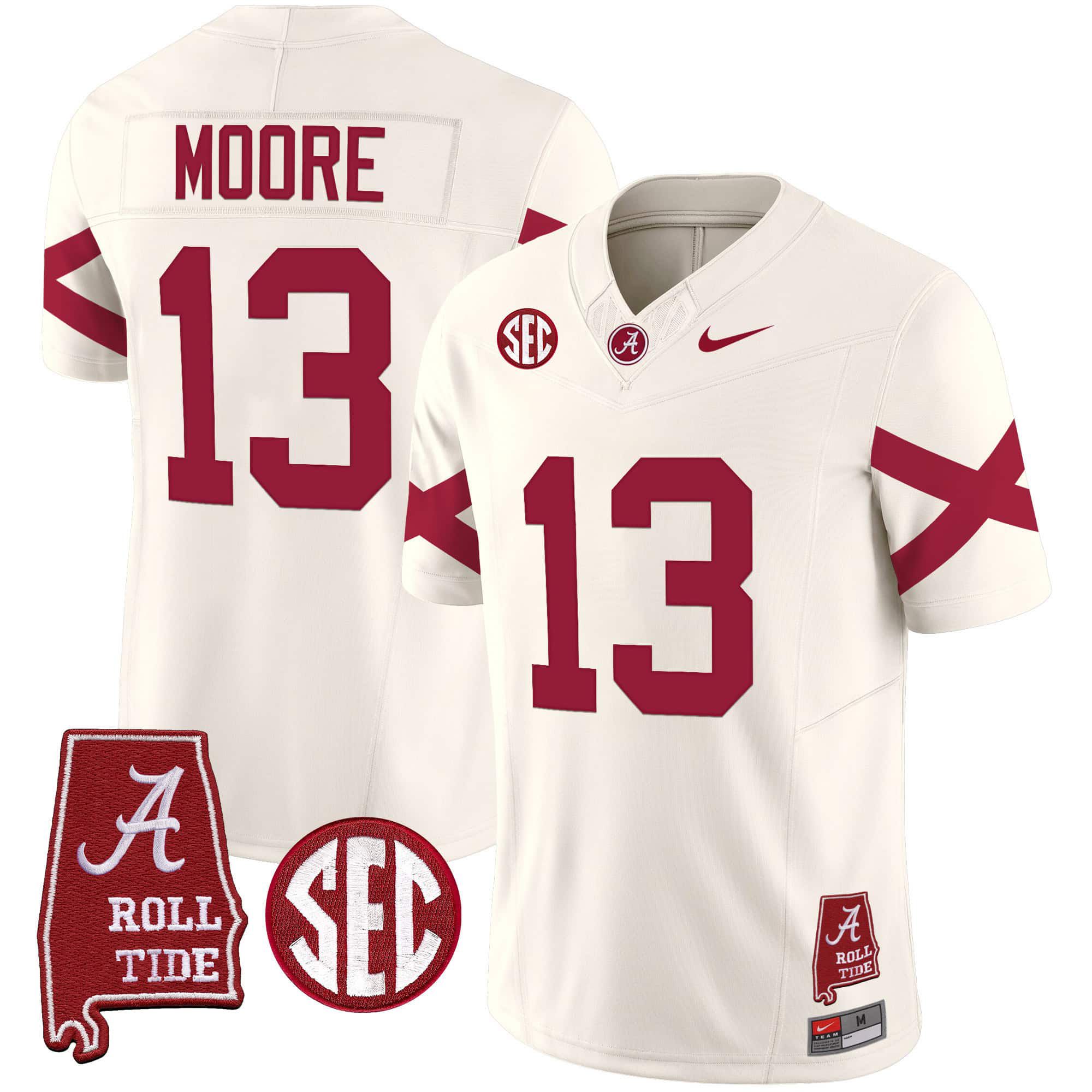 Men Alabama Crimson Tide #13 Moore Cream Map Vapor Limited 2024 Nike NCAA Jersey